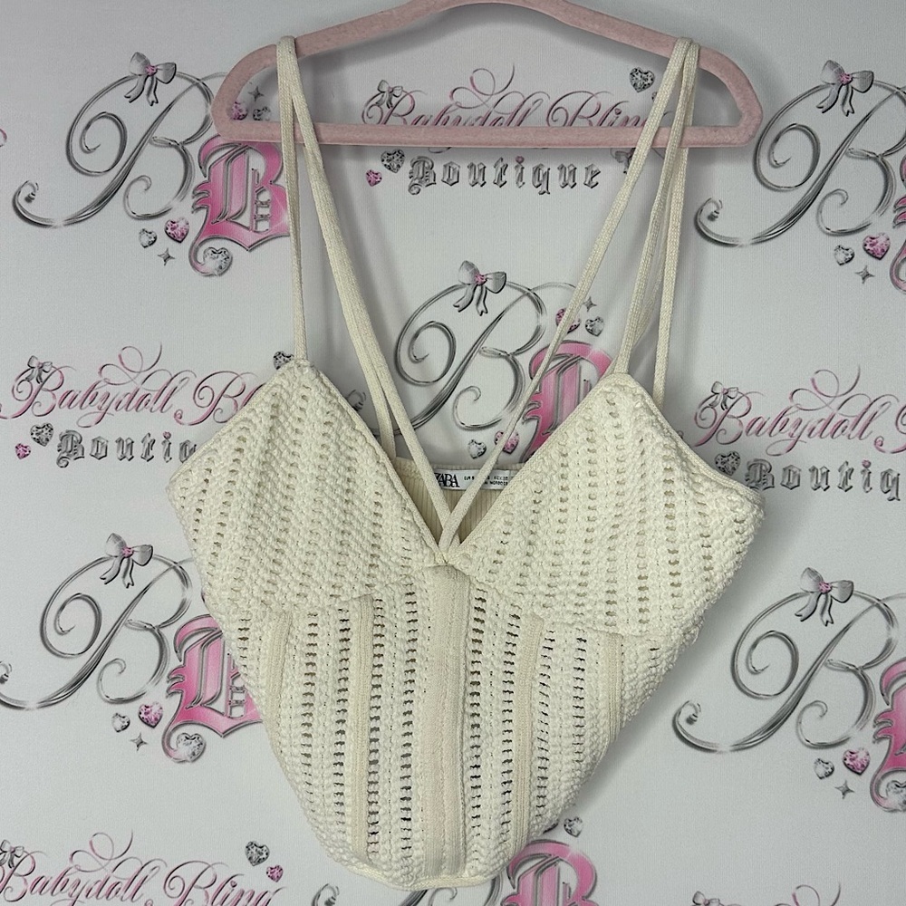 Zara White Knit Sleeveless Top crochet knit strappy boho crop style luxe cream